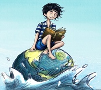 Illustrazione di un bambino che legge un libro seduto sulla Terra