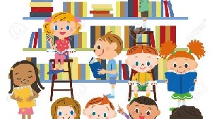 Illustrazione di bambini in biblioteca