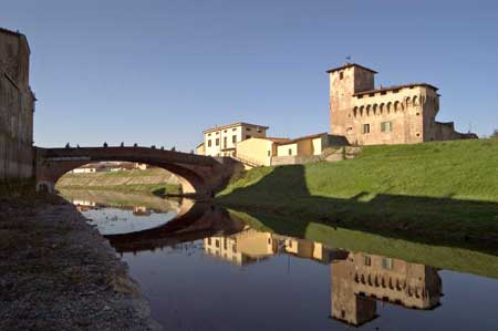 View of the Rocca Strozzi and the Bisenzio river