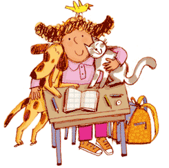 Illustrazione di Giulia Orecchia rappresentante una bambina con animali tratta dal volume Impariamo a conoscere i nostri amici animali